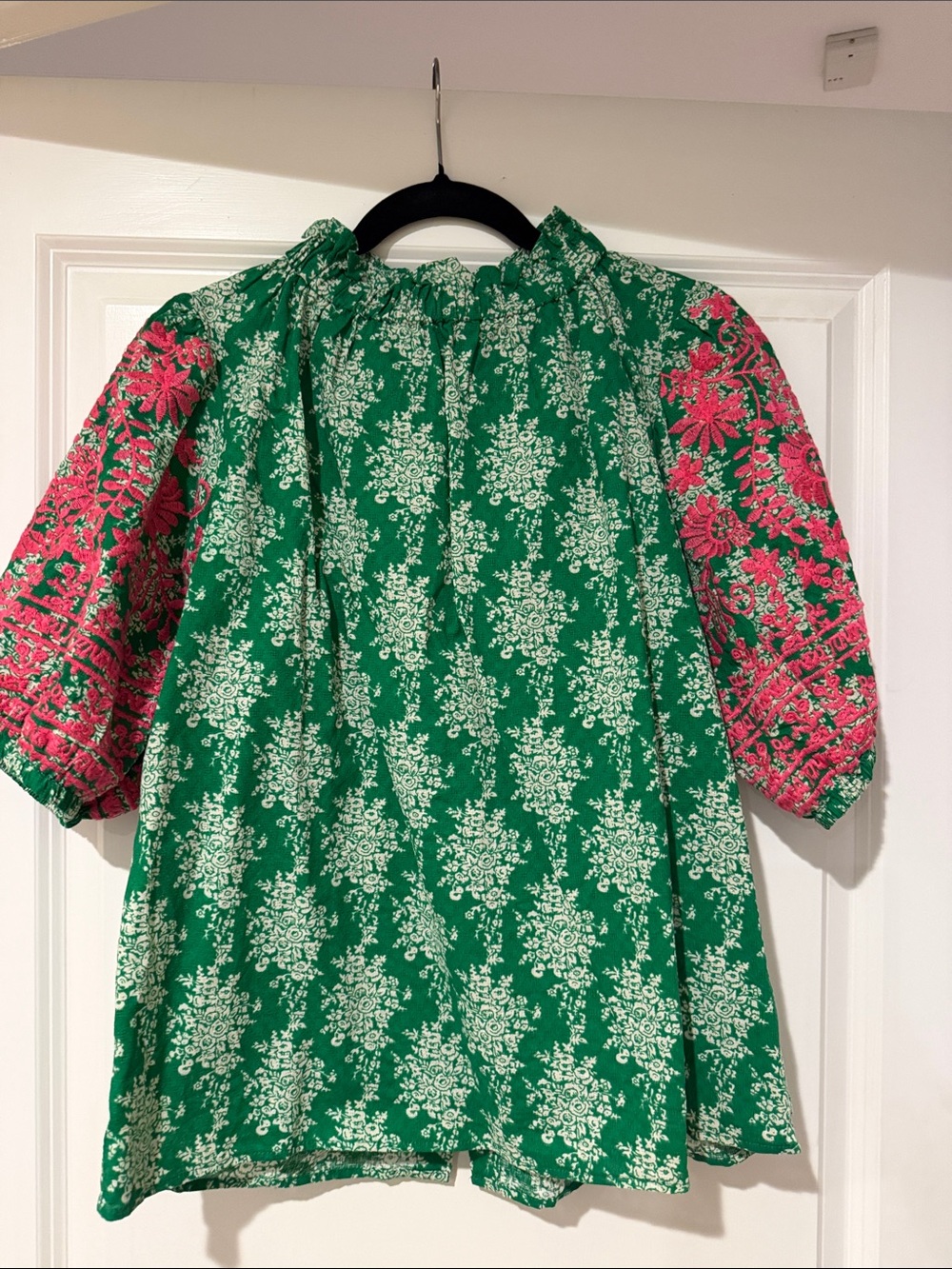 THML Green Floral Print Blouse with White Accents